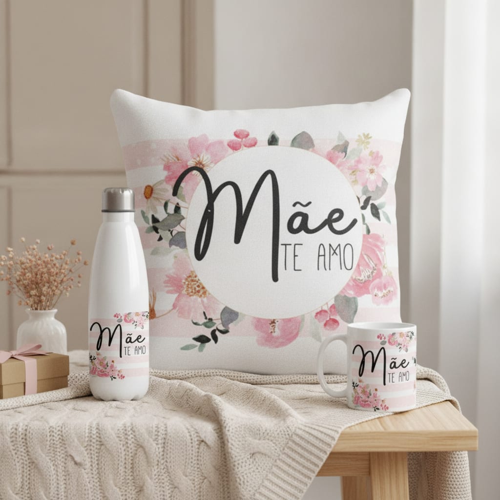 Kit de Presente - Mãe Te Amo - Almofada Caneca Garrafa - Família (Mãe)