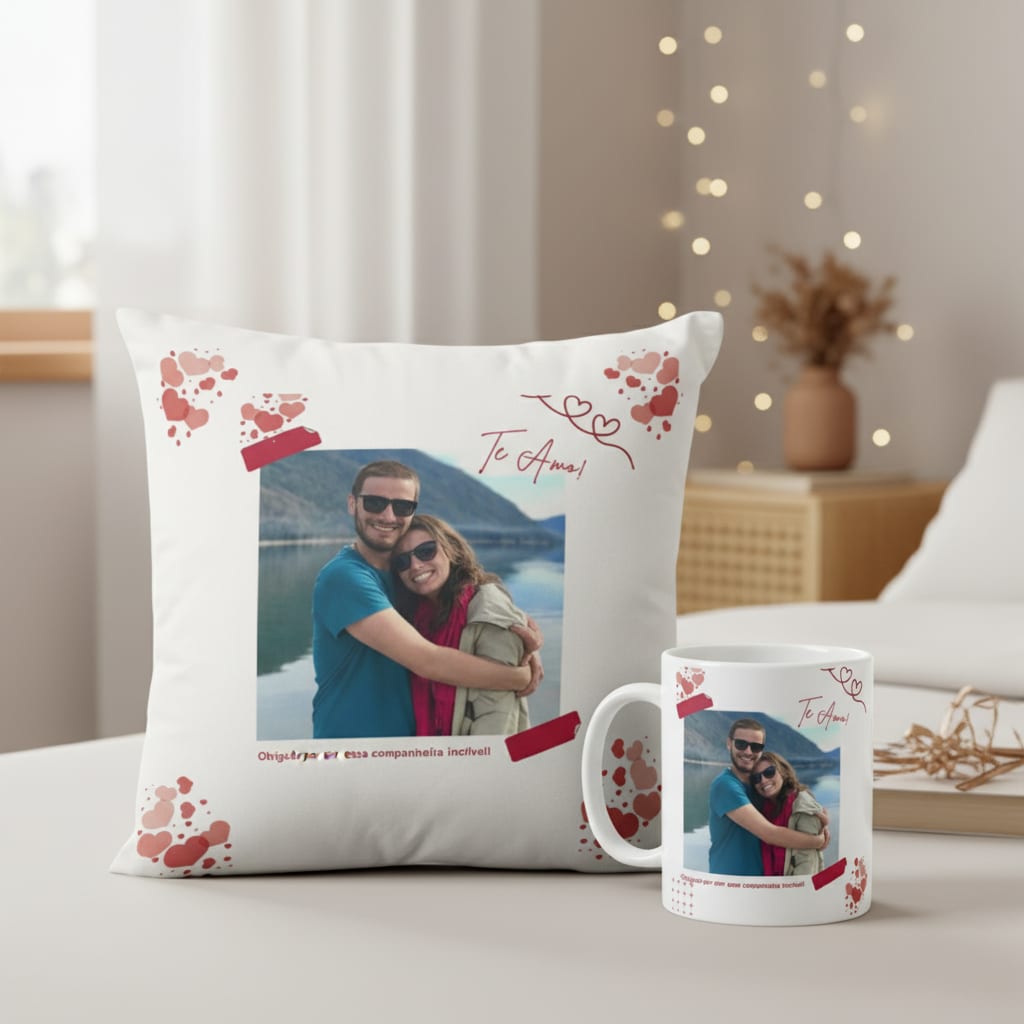 Kit Dia dos Namorados | Almofada e Caneca Personalizada com Foto e Frase - Outros (Casal)