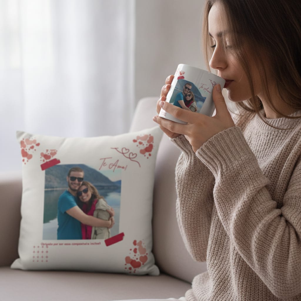 Kit Dia dos Namorados | Almofada e Caneca Personalizada com Foto e Frase