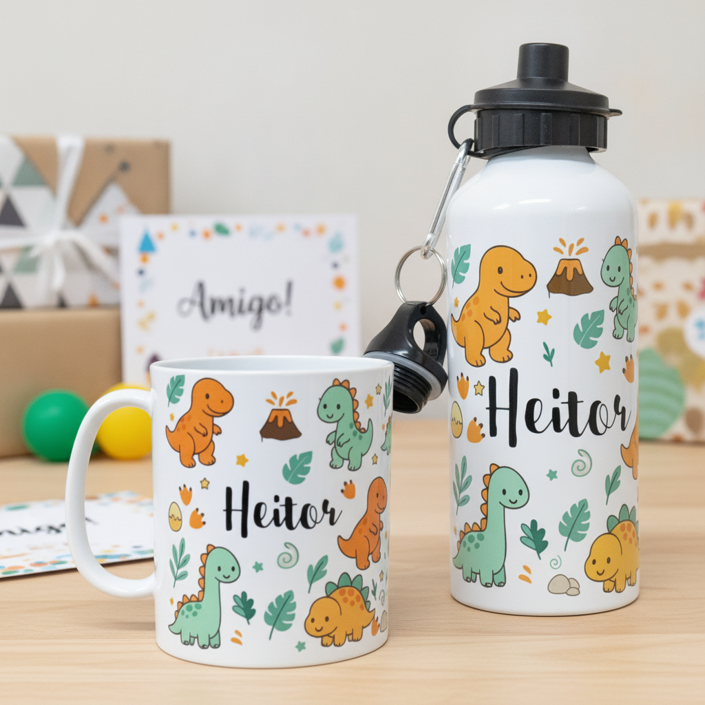Kit Dinossauro Caneca E Garrrafa Escolar Nome Personalizado Branco - Outros (Dinossauro)