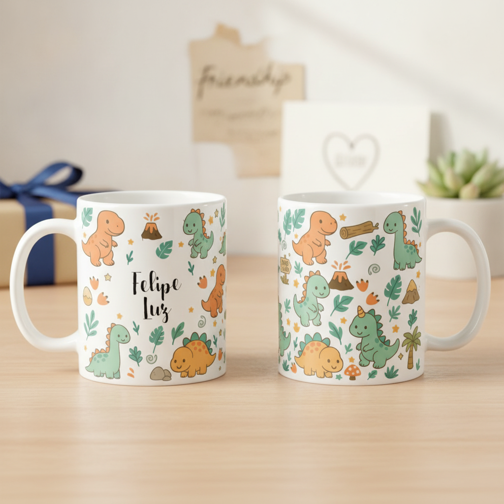 Kit Dinossauro Caneca E Garrrafa Escolar Nome Personalizado Branco