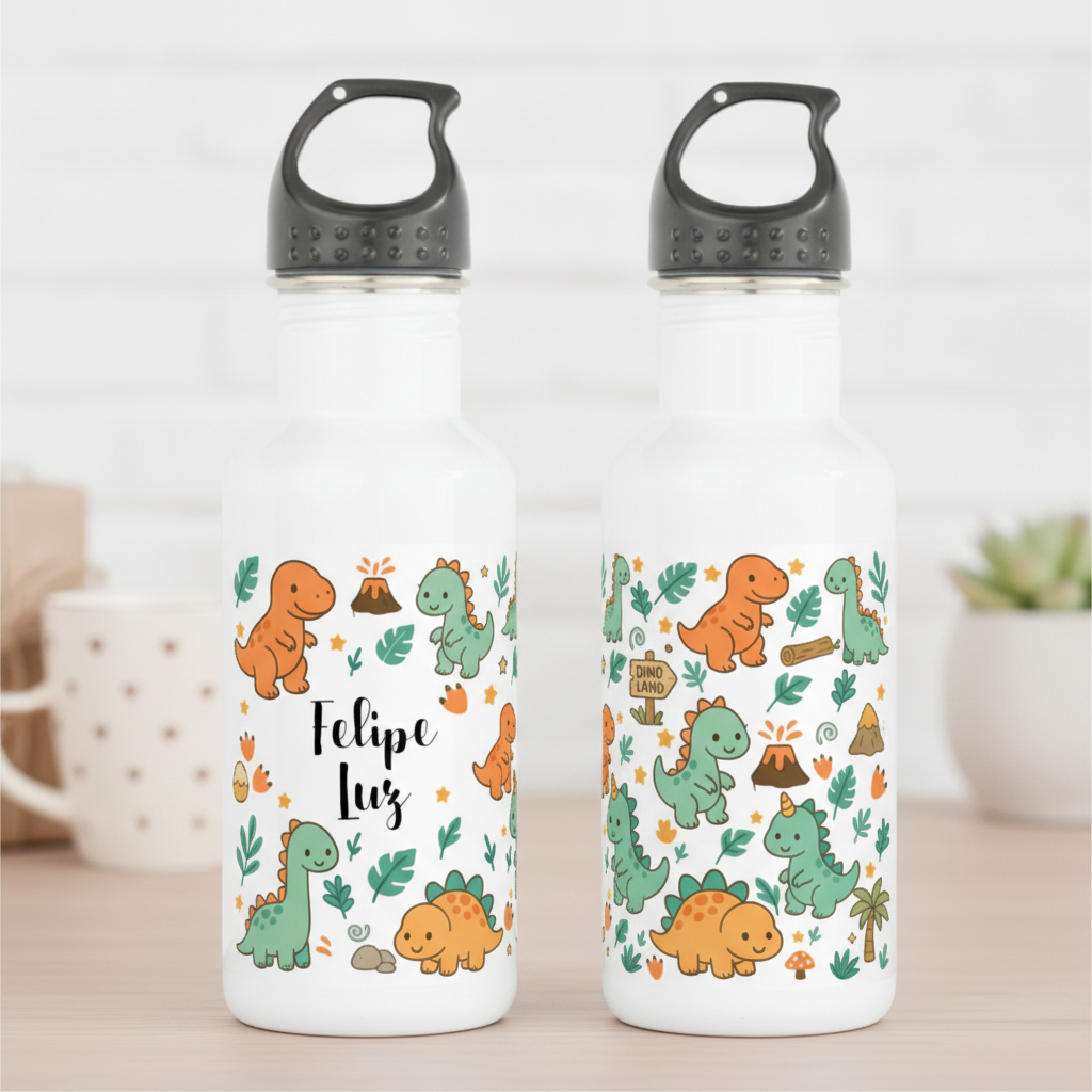 Kit Dinossauro Caneca E Garrrafa Escolar Nome Personalizado Branco