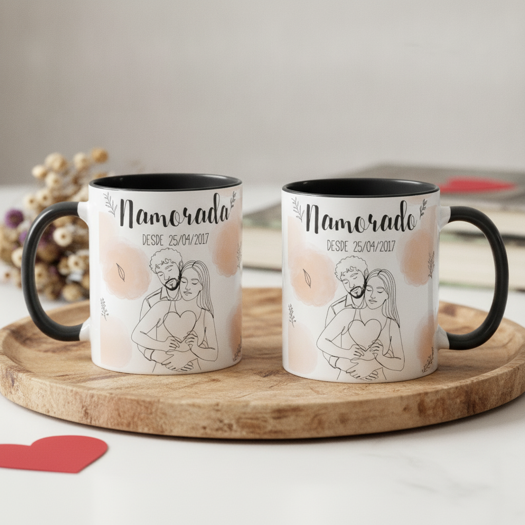 Kit Namorados - 2 Canecas Namorada e Nomorado Personalizado com Ilustração Casal - Preta
