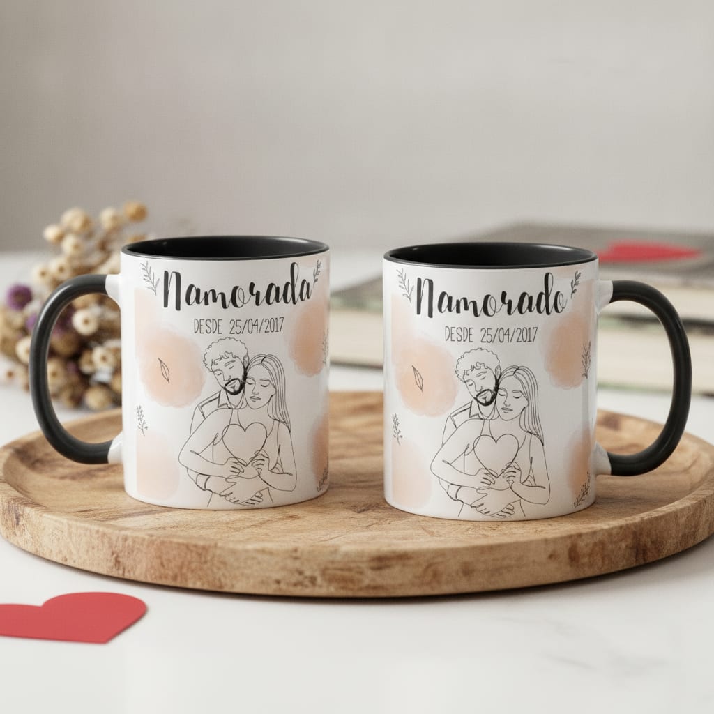 Kit Namorados - 2 Canecas Namorada e Nomorado Personalizado com Ilustração Casal - Preta