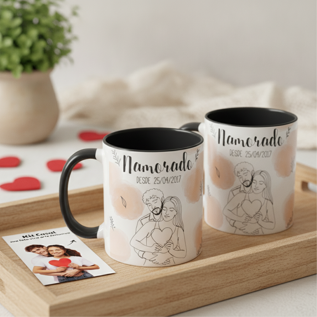 Kit Namorados - 2 Canecas Namorada e Nomorado Personalizado com Ilustração Casal - Preta