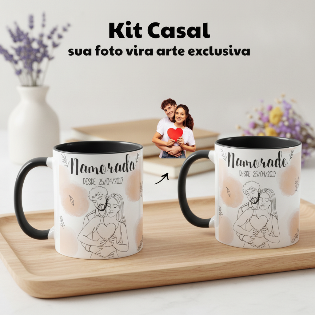 Kit Namorados - 2 Canecas Namorada e Nomorado Personalizado com Ilustração Casal - Preta - Outros (Casal)