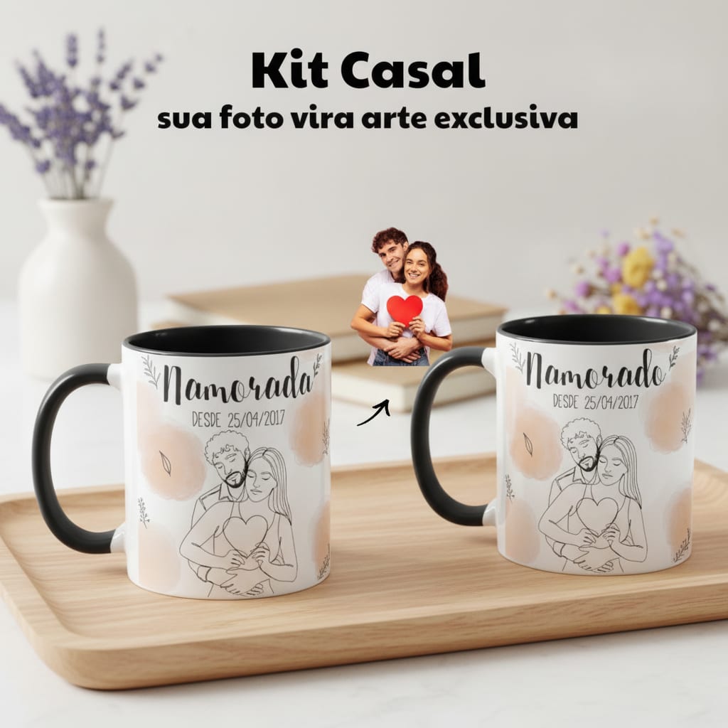 Kit Namorados - 2 Canecas Namorada e Nomorado Personalizado com Ilustração Casal - Preta - Outros (Casal)