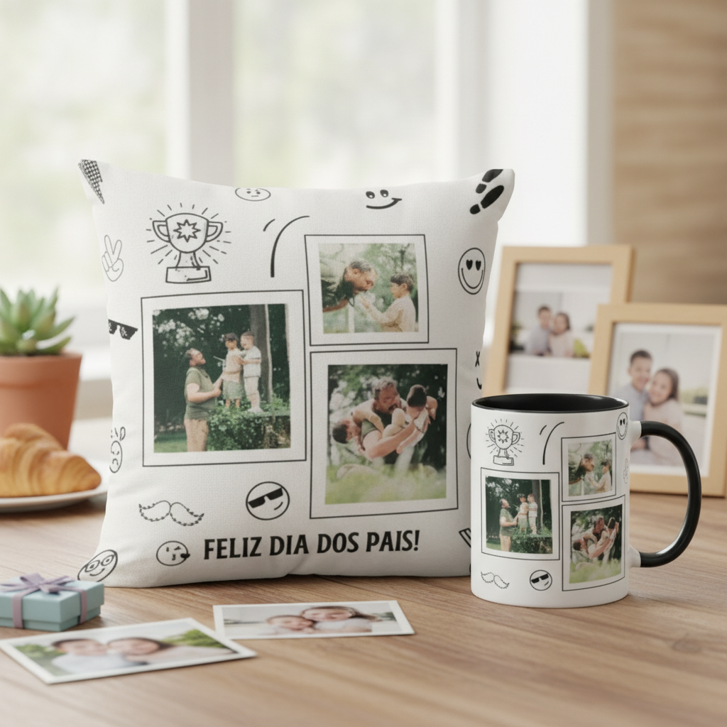 Kit para o Dia dos Pais Caneca e Almofada Divertida com Foto - Família (Pai)