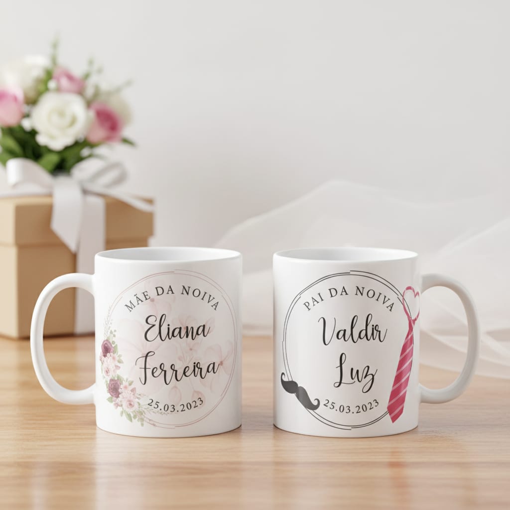Kit Presente 2 Canecas Personalizadas Pai e Mãe da Noiva
