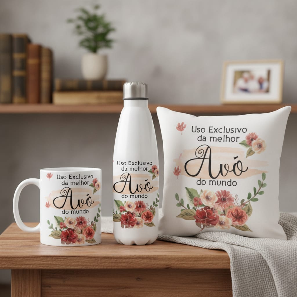 Kit Presente Almofada e Caneca Garrafa Avó -dia das Mães - Família (Avó/Vovó)