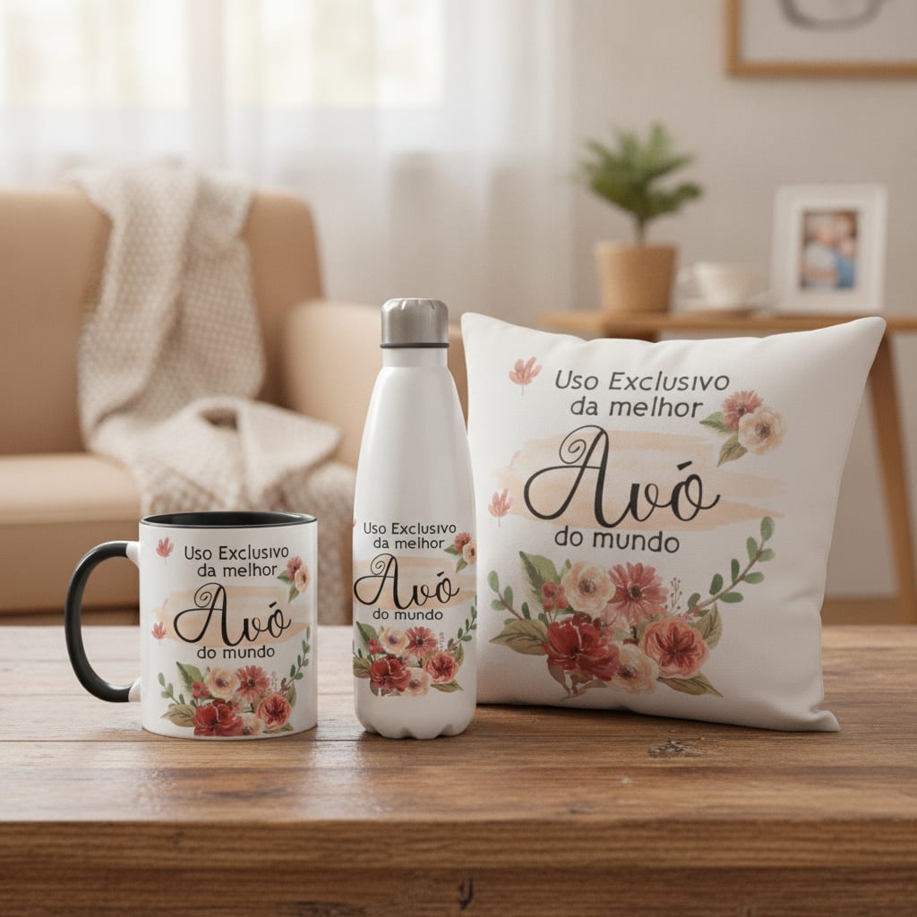 Kit Presente Almofada e Caneca Garrafa Avó -Dia das Mães - Família (Avó/Avô)
