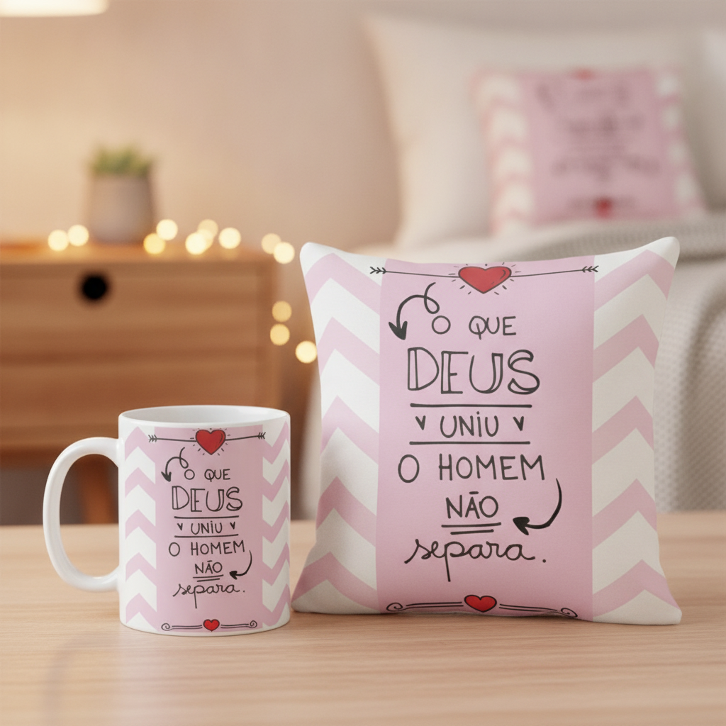 Kit Presente Almofada e Caneca para Namorada - Deus Uniu - Outros (Casal)
