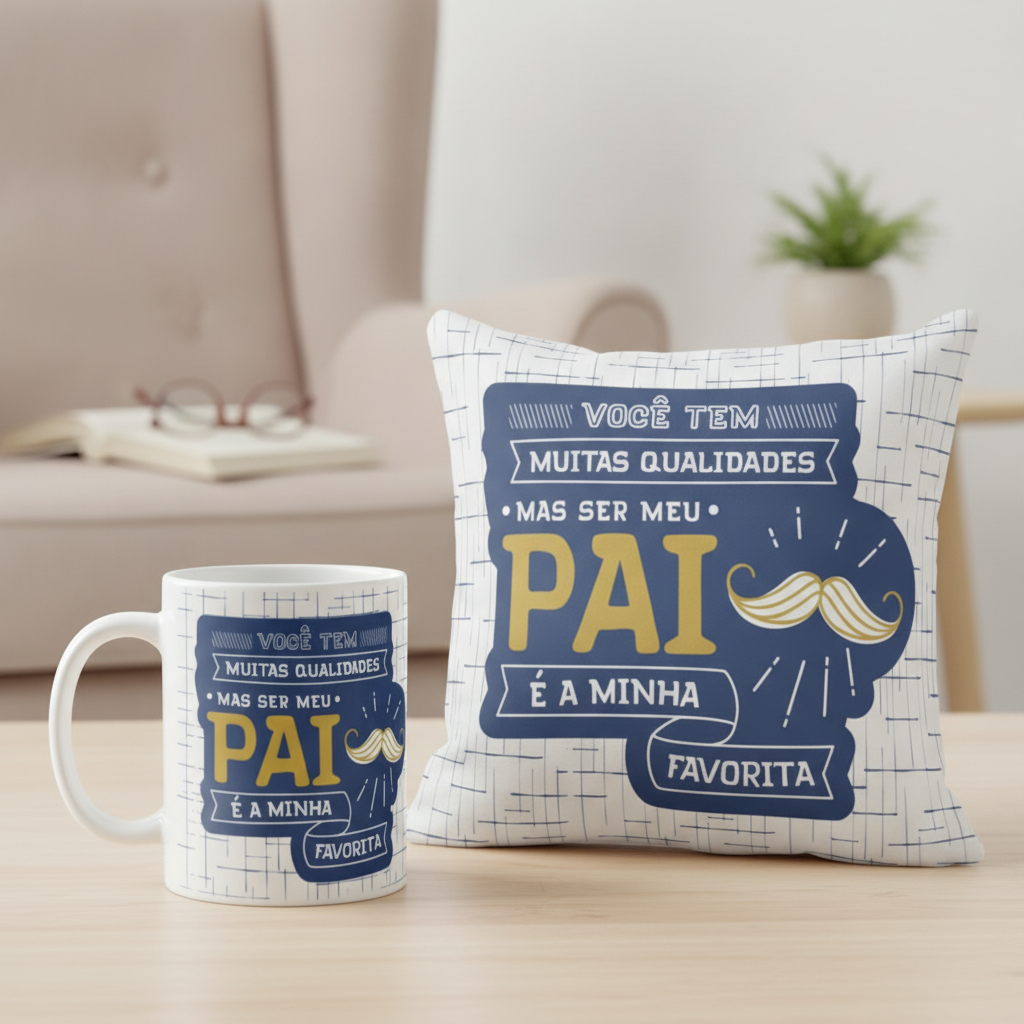Kit Presente Caneca E Almofada Qualidades - Dia Dos Pais - Família (Pai)