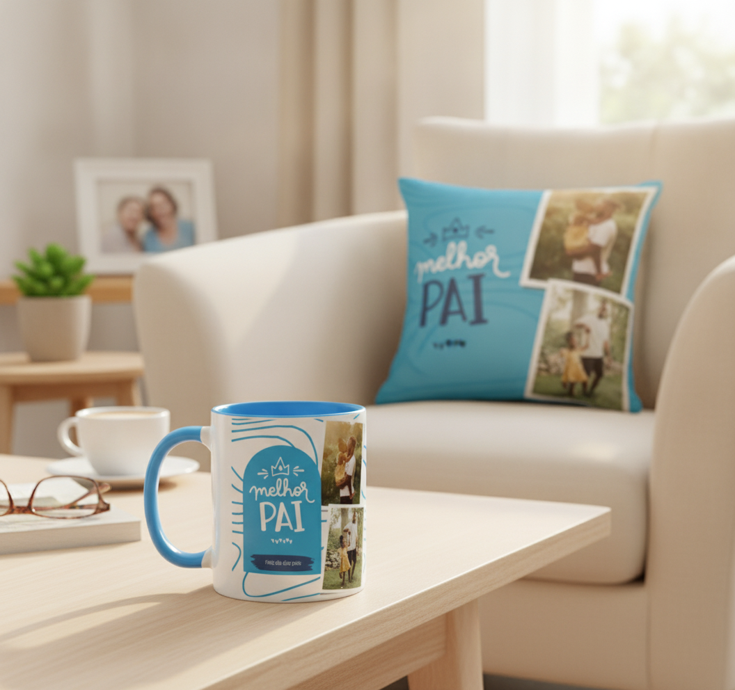 Kit Presente Dia dos Pais Caneca e Almofada Azul com Foto