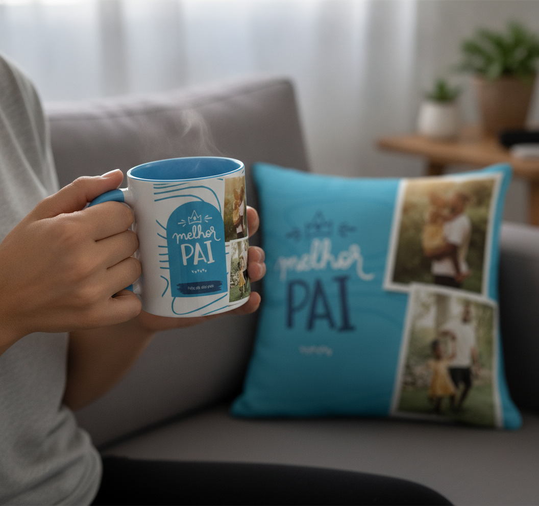 Kit Presente Dia dos Pais Caneca e Almofada Azul com Foto