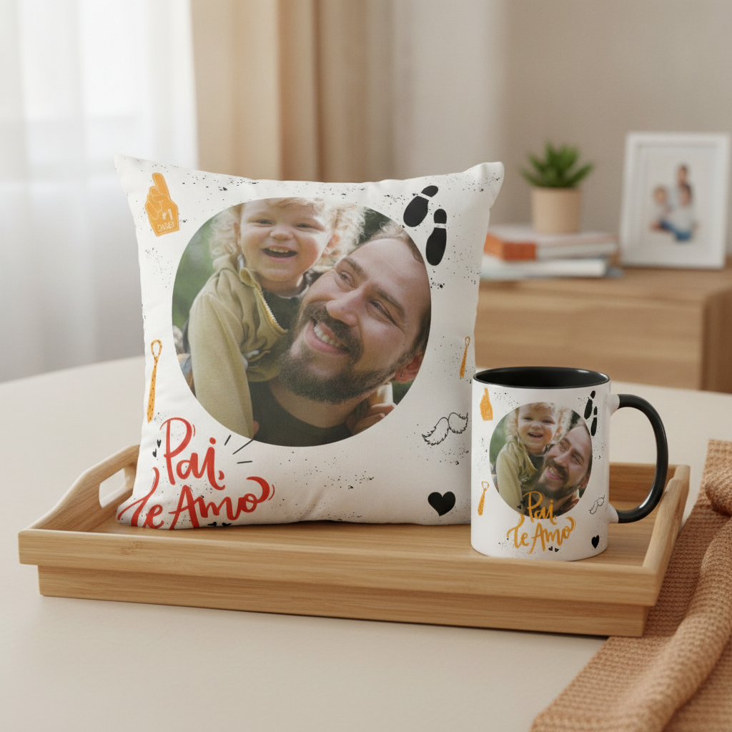 Kit Presente Dia dos Pais Caneca e Almofada Te Amo com Foto - Família (Pai)