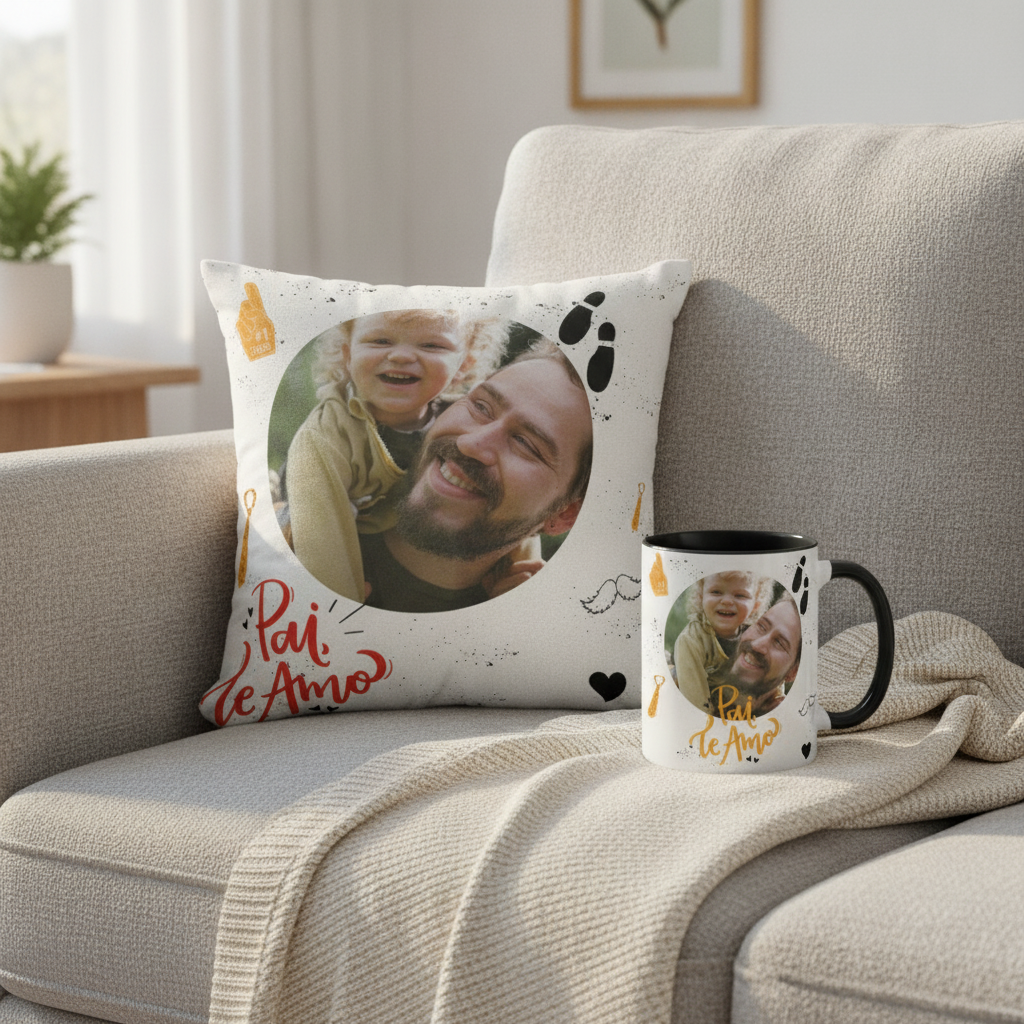 Kit Presente Dia dos Pais Caneca e Almofada Te Amo com Foto