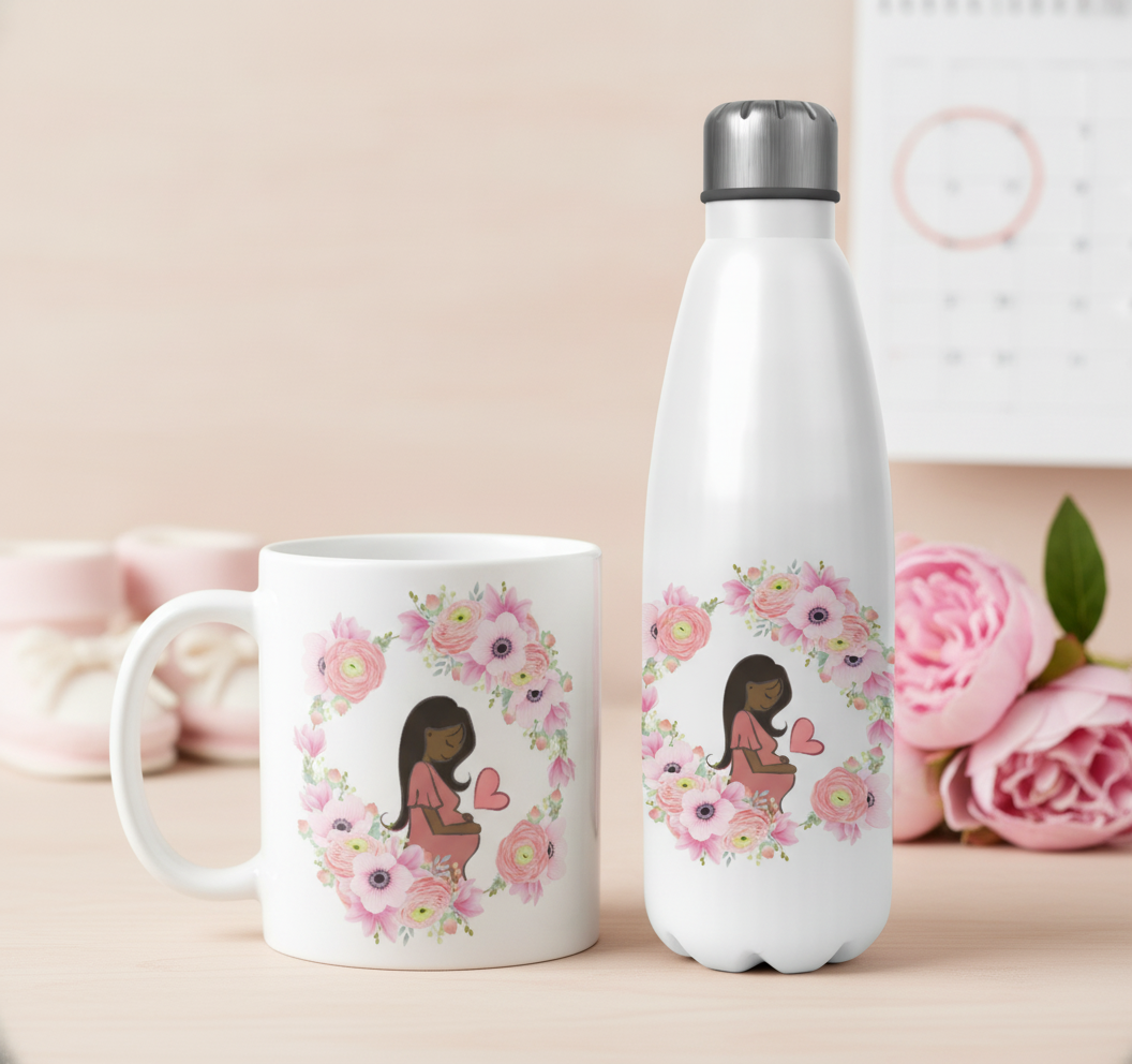 Kit Presente Gravidez Garrafa Térmica e Caneca Personalizada - Anúncio de Gravidez (Mãe/Gestante)