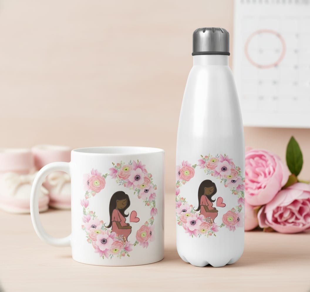 Kit Presente Gravidez Garrafa Térmica e Caneca Personalizada - Anúncio de Gravidez (Mãe)