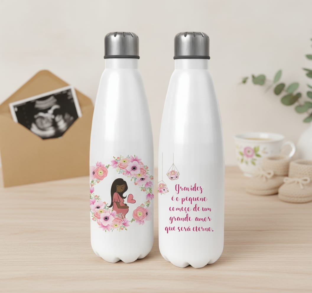 Kit Presente Gravidez Garrafa Térmica e Caneca Personalizada