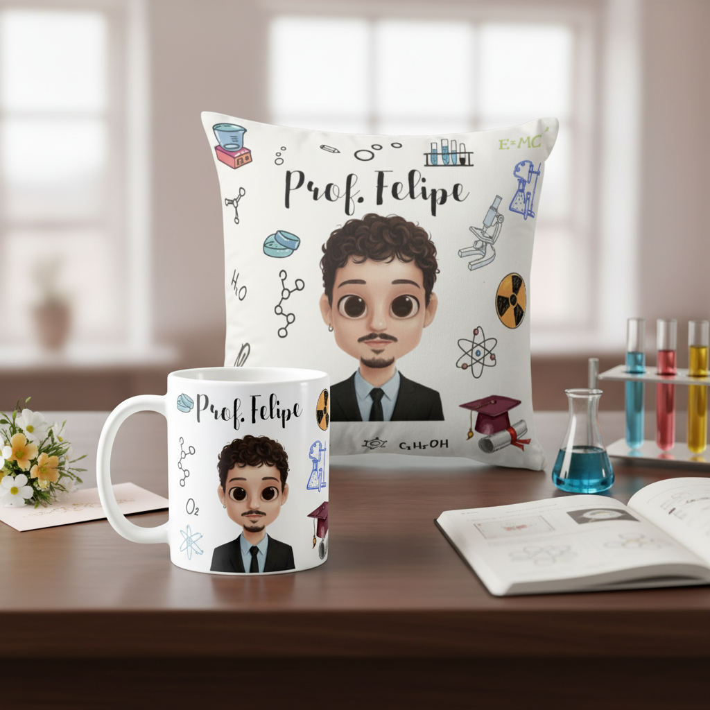 Kit Presente Químico Almofada Decorativa e Caneca Química - Dia dos Professores (Química, Professor de Química, Avatar)