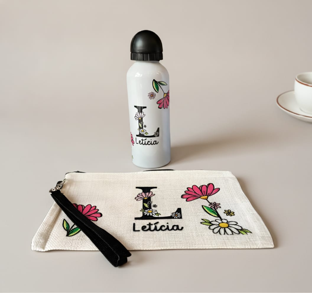 Kit Squeeze Aluminio 500ml + Necessaire Presente Personalizado - Outros (Floral)