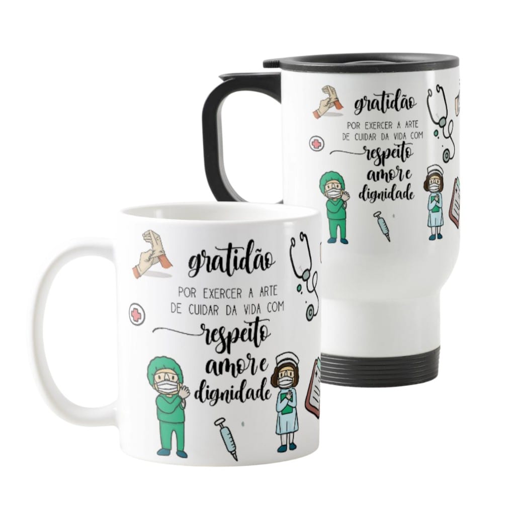 Kit Enfermagem Caneca e Copo Térmico - Branca - Profissões
