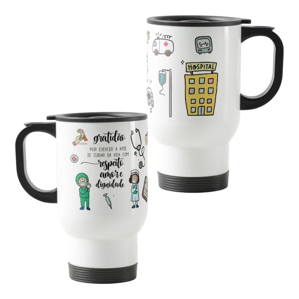 Kit Enfermagem Caneca e Copo Térmico - Branca