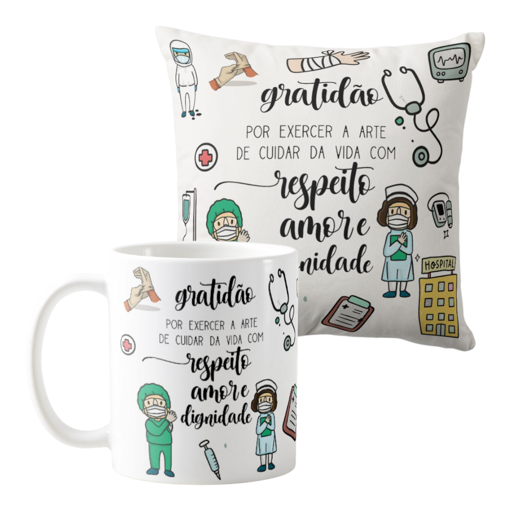 Kit Enfermagem Caneca e Almofada - Rosa - Profissões