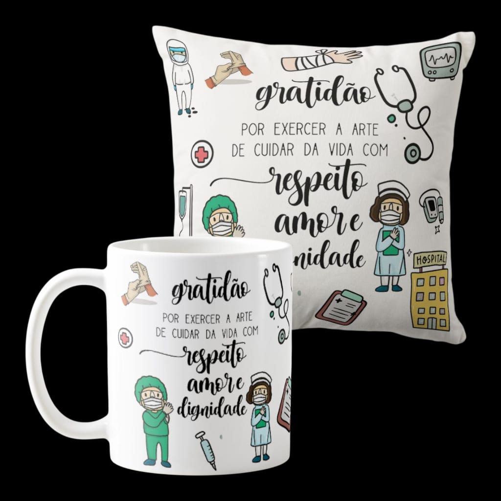 Kit Enfermagem Caneca e Almofada - Térmico - Profissões
