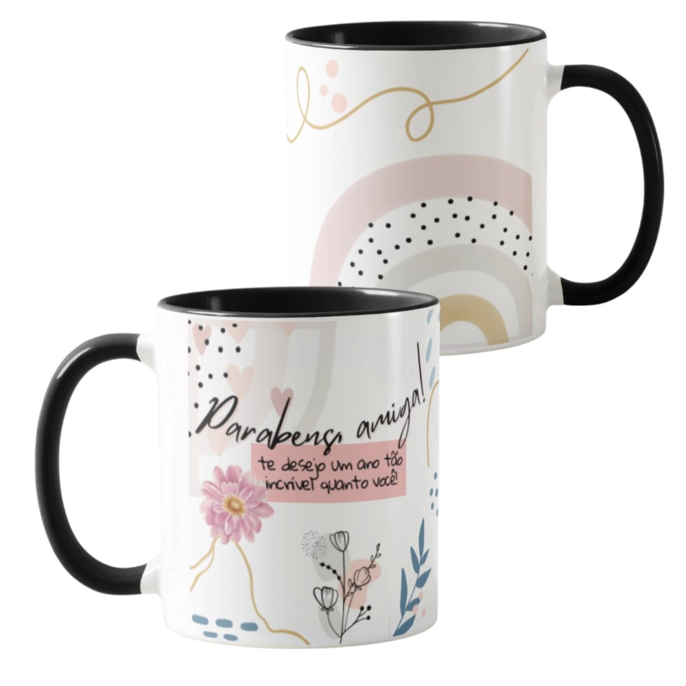 Caneca Cerâmica Preta Mulheres Personalizada Lembrança Feminina Preto Aniversário Amiga