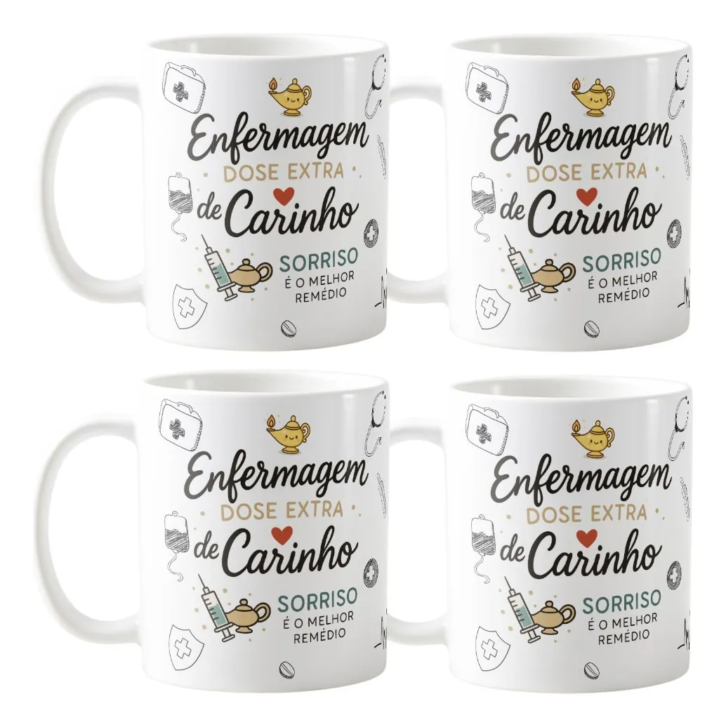 Kit 4 Canecas Enfermeiras Presente Homenagem Dia Enfermeiros Branco Carinho Enfermagem - Profissões (Enfermagem)