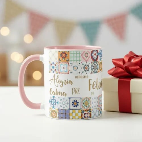 Caneca Felicidade com Palavras Positivas Presente Amiga