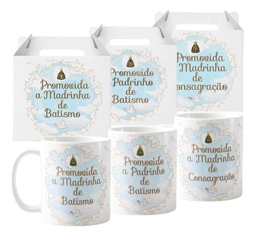 Kit 3 Canecas Padrinhos Batismo e Consagração Céu Azul
