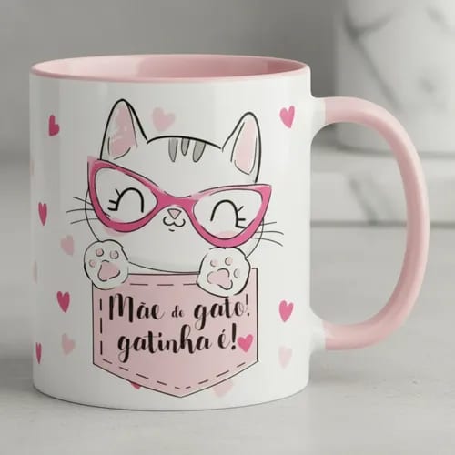 Caneca Mãe de Gato Gatinha Pronta Entrega Presente Pet Rosa Fofa - Pet (Mãe de Gato)