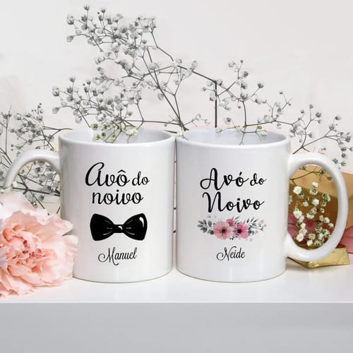 Kit Lembrança Casamento Avós 2 Canecas com Nomes Avó e Avô do Noivo