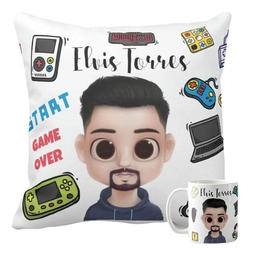 Conjunto Almofada Decorativa E Caneca Videgame Com Avatar Masculino - Outros (Amizade)