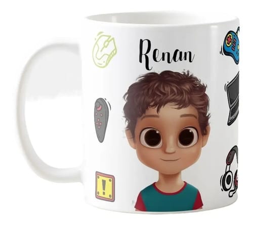 Conjunto Almofada Decorativa E Caneca Videgame Com Avatar Masculino