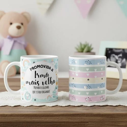 Caneca Presente Gravidez Irmã Mais Velha Familia Cresceu - Anúncio de Gravidez (Irmã)