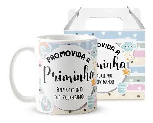 Caneca Presente Gravidez para Prima Priminha Familia Cresceu - Anúncio de Gravidez (Família/Geral)