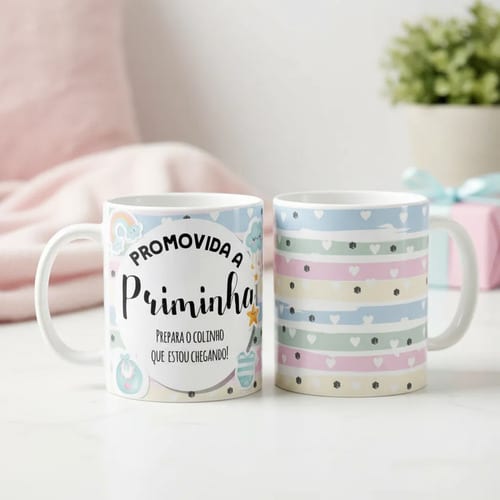 Caneca Presente Gravidez para Prima Priminha Familia Cresceu - Anúncio de Gravidez (Prima)