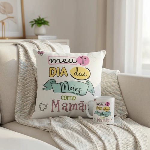 Presente Meu Primeiro Dia das Mães Almofada e Caneca Mamãe - Família (Mãe)