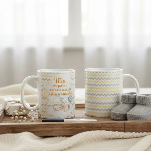 Caneca Surpresa Gravidez Grávida Tia Titia Estou a Caminho - Anúncio de Gravidez (Tia)