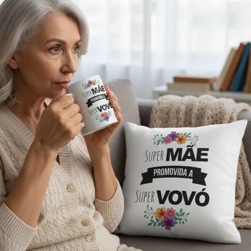 Kit Caneca E Almofada Super Mãe Promovida A Super Vovó