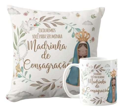 Kit Caneca e Almofada Convite para Madrinha de Consagração - Batizado (Madrinha de Consagração)