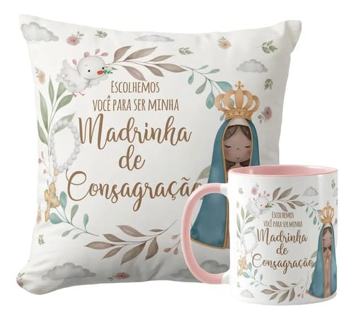 Kit Almofada e Caneca Batismo Madrinha de Consagração Presente Pront