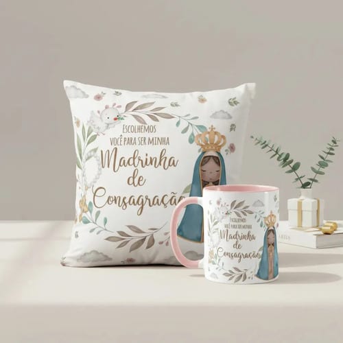 Kit Almofada e Caneca Batismo Madrinha de Consagração Presente Pront - Batizado (Madrinha)