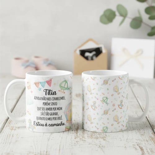 Caneca Presente Revelação de Gravidez Estou à Caminho Titia - Anúncio de Gravidez (Tia)