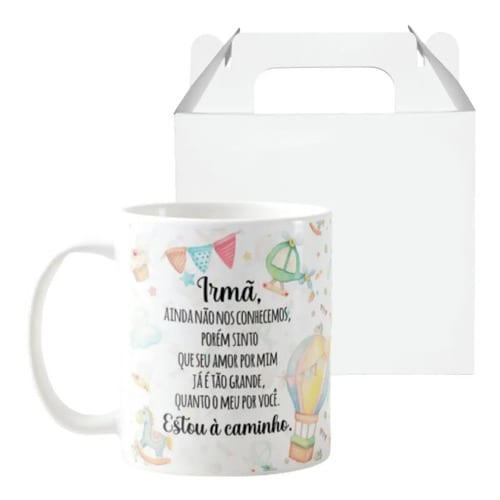 Caneca Presente Revelação de Gravidez Estou à Caminho Irmã - Anúncio de Gravidez (Irmã)