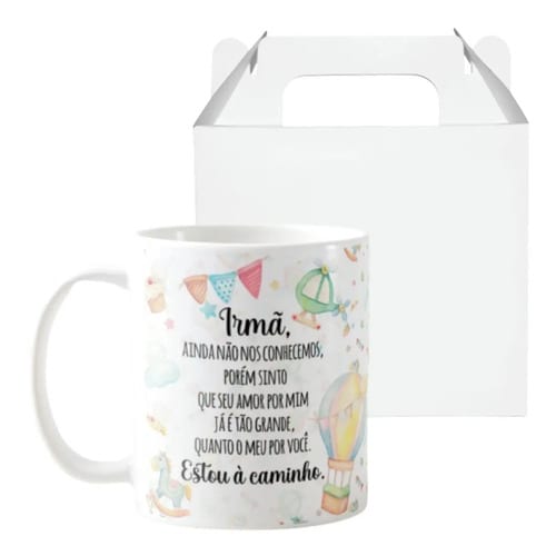 Caneca Presente Revelação de Gravidez Estou à Caminho Irmã - Anúncio de Gravidez (Irmã)